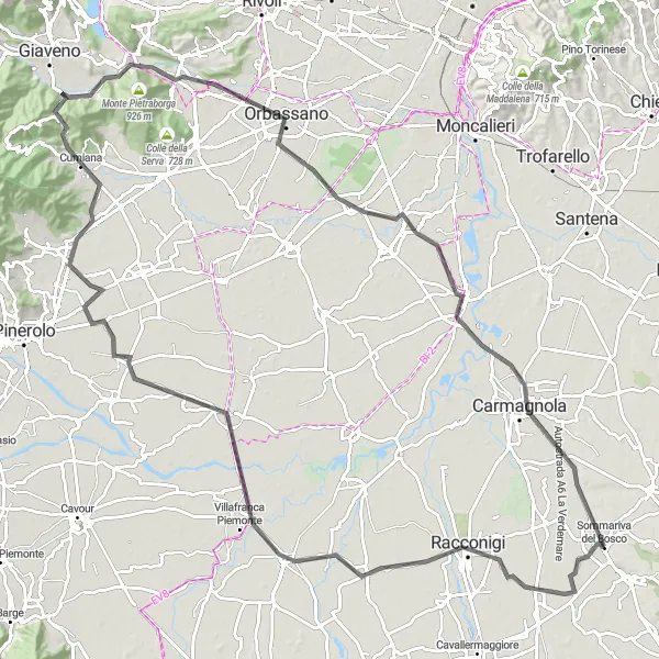 Kartminiatyr av "Utforsk historiske landemerker på veituren til Carmagnola" sykkelinspirasjon i Piemonte, Italy. Generert av Tarmacs.app sykkelrutoplanlegger