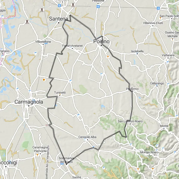 Mapa miniatúra "Historická cyklotrasa od Sommariva del Bosco" cyklistická inšpirácia v Piemonte, Italy. Vygenerované cyklistickým plánovačom trás Tarmacs.app