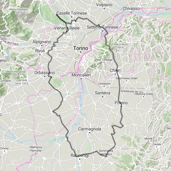 Mapa miniatúra "Historická cyklistická expedícia z Racconigi" cyklistická inšpirácia v Piemonte, Italy. Vygenerované cyklistickým plánovačom trás Tarmacs.app