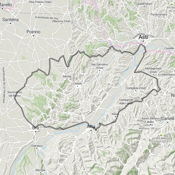 Miniatura della mappa di ispirazione al ciclismo "Tour tra gli storici castelli astigiani" nella regione di Piemonte, Italy. Generata da Tarmacs.app, pianificatore di rotte ciclistiche