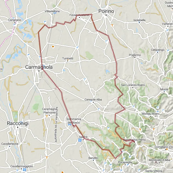 Mapa miniatúra "Gravel Route to Carmagnola" cyklistická inšpirácia v Piemonte, Italy. Vygenerované cyklistickým plánovačom trás Tarmacs.app