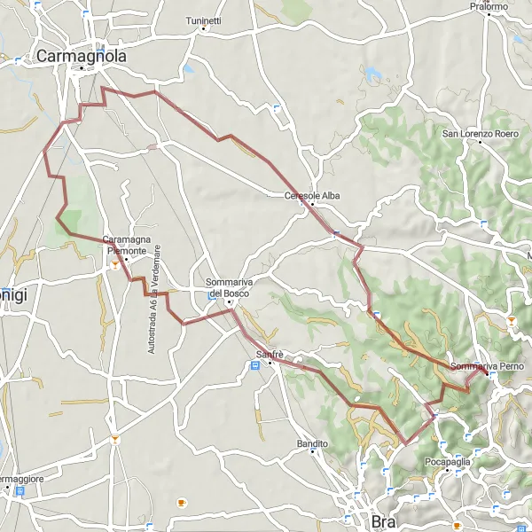 Miniatua del mapa de inspiración ciclista "Ruta de Ciclismo Gravel por Sommariva del Bosco y Bricco" en Piemonte, Italy. Generado por Tarmacs.app planificador de rutas ciclistas