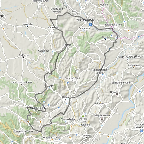 Map miniature of "Santo Stefano Roero - Ferrere - Baldichieri d'Asti - San Damiano d'Asti - Panorama sul Roero Road Route" cycling inspiration in Piemonte, Italy. Generated by Tarmacs.app cycling route planner