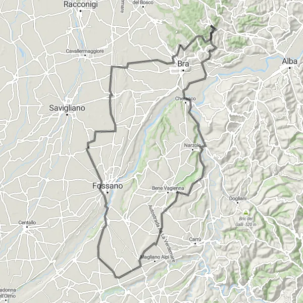 Zemljevid v pomanjšavi "Kolesarska pot prek vinogradov" kolesarske inspiracije v Piemonte, Italy. Generirano z načrtovalcem kolesarskih poti Tarmacs.app