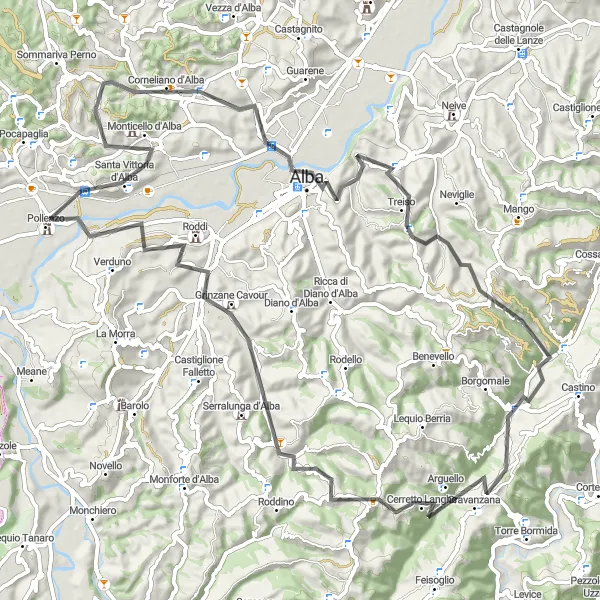Karttaminiaatyyri "Haastava Maantie Reitti Trezzo Tinellaan" pyöräilyinspiraatiosta alueella Piemonte, Italy. Luotu Tarmacs.app pyöräilyreittisuunnittelijalla