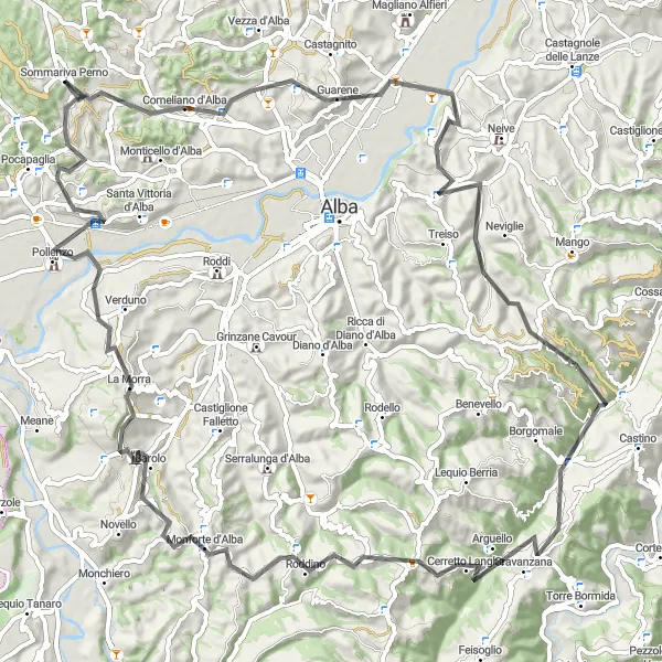 Miniatura della mappa di ispirazione al ciclismo "Itinerario delle Langhe" nella regione di Piemonte, Italy. Generata da Tarmacs.app, pianificatore di rotte ciclistiche