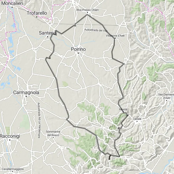 Miniatua del mapa de inspiración ciclista "Ruta de ciclismo de carretera desde Sommariva Perno" en Piemonte, Italy. Generado por Tarmacs.app planificador de rutas ciclistas