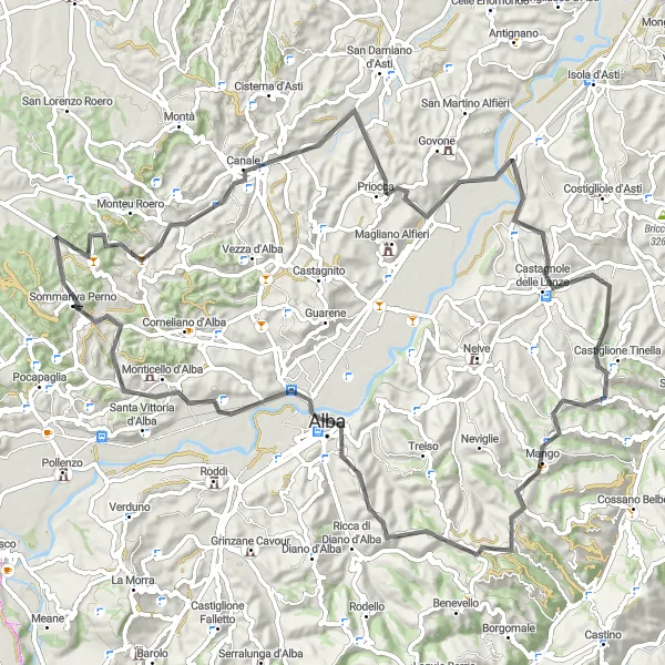 Karttaminiaatyyri "Panorama sul Roero - Canale - Castagnole delle Lanze - Valdivilla - Alba - Monticello d'Alba" pyöräilyinspiraatiosta alueella Piemonte, Italy. Luotu Tarmacs.app pyöräilyreittisuunnittelijalla