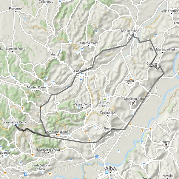 Kartminiatyr av "Historisk tur genom Astis landsbygd" cykelinspiration i Piemonte, Italy. Genererad av Tarmacs.app cykelruttplanerare