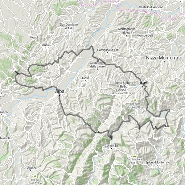 Miniatura della mappa di ispirazione al ciclismo "Giro in bicicletta delle colline del Piemonte" nella regione di Piemonte, Italy. Generata da Tarmacs.app, pianificatore di rotte ciclistiche