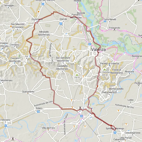 Mapa miniatúra "Gravel okružná cesta cez Spinetta Marengo" cyklistická inšpirácia v Piemonte, Italy. Vygenerované cyklistickým plánovačom trás Tarmacs.app