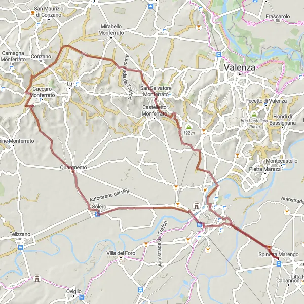 Mapa miniatúra "Gravelová trasa okolo Spinetta Marengo" cyklistická inšpirácia v Piemonte, Italy. Vygenerované cyklistickým plánovačom trás Tarmacs.app