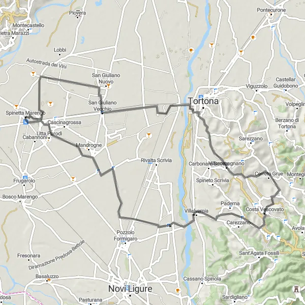 Miniatua del mapa de inspiración ciclista "Recorrido por carretera a través de San Giuliano Vecchio y Villaromagnano" en Piemonte, Italy. Generado por Tarmacs.app planificador de rutas ciclistas