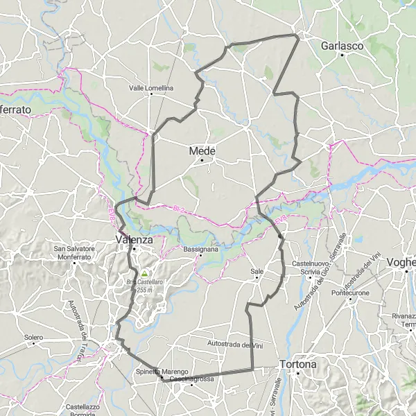 Miniatura della mappa di ispirazione al ciclismo "Giro in bicicletta da Spinetta Marengo" nella regione di Piemonte, Italy. Generata da Tarmacs.app, pianificatore di rotte ciclistiche