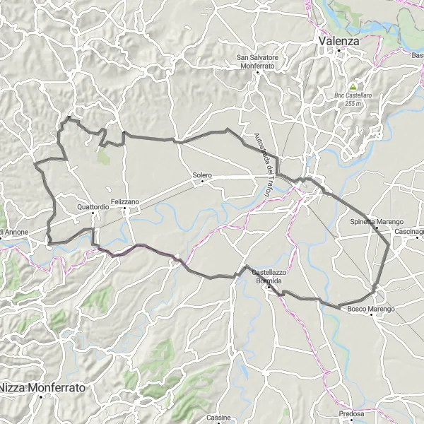 Miniatua del mapa de inspiración ciclista "Ruta desafiante en carretera a través de Redabue y Spinetta Marengo" en Piemonte, Italy. Generado por Tarmacs.app planificador de rutas ciclistas