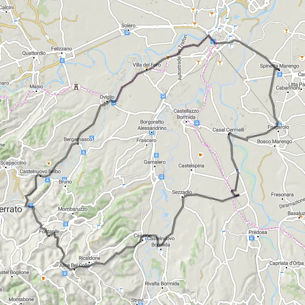 Kartminiatyr av "Vägcykling till Marengo" cykelinspiration i Piemonte, Italy. Genererad av Tarmacs.app cykelruttplanerare