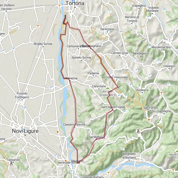 Miniaturní mapa "Gravel do vesnice Cassano Spinola" inspirace pro cyklisty v oblasti Piemonte, Italy. Vytvořeno pomocí plánovače tras Tarmacs.app