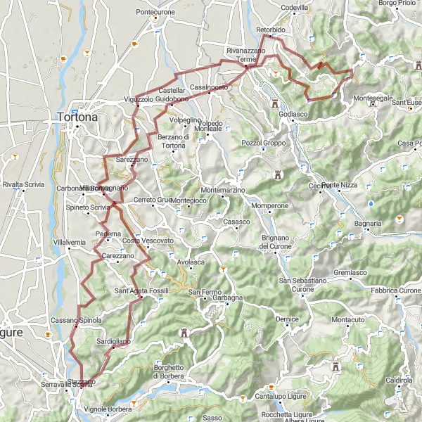 Map miniature of "Discovering the Gravel Roads of Stazzano" cycling inspiration in Piemonte, Italy. Generated by Tarmacs.app cycling route planner