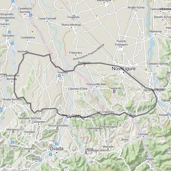 Zemljevid v pomanjšavi "Kolesarska pot okoli Stazzana" kolesarske inspiracije v Piemonte, Italy. Generirano z načrtovalcem kolesarskih poti Tarmacs.app