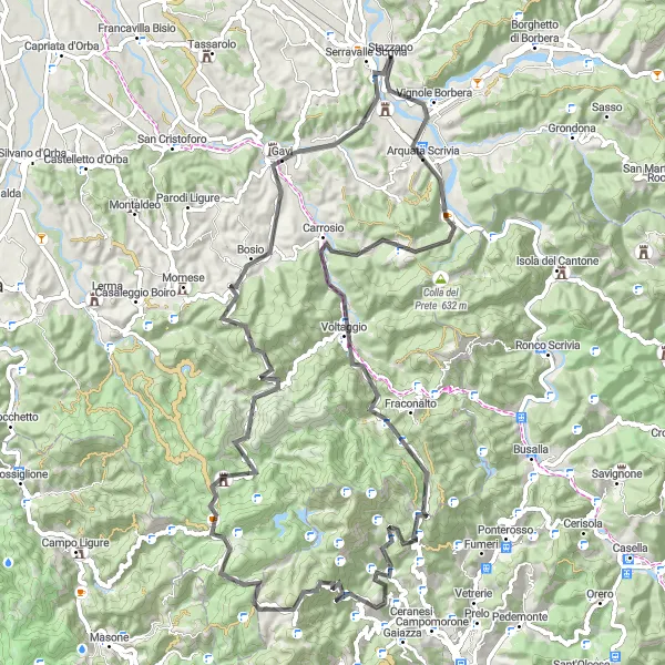 Map miniature of "Monte Spineto - Serravalle Scrivia" cycling inspiration in Piemonte, Italy. Generated by Tarmacs.app cycling route planner