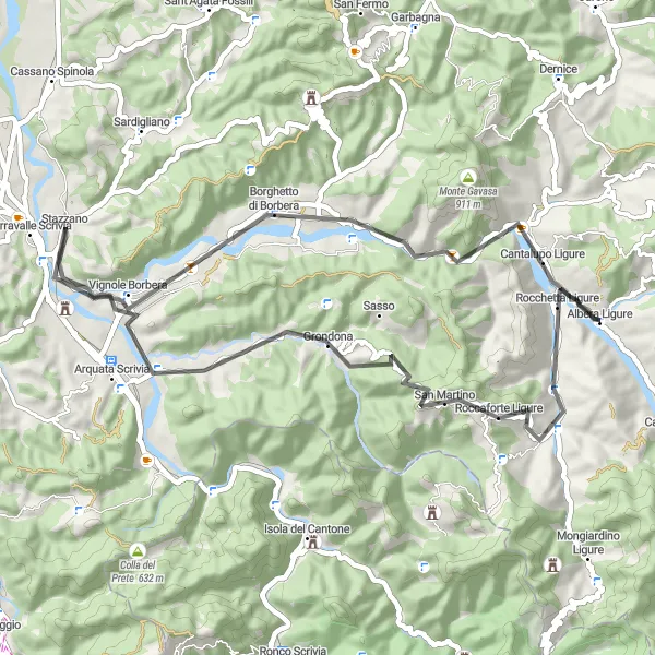 Karttaminiaatyyri "Haastava matka Monte Spineton ympäri" pyöräilyinspiraatiosta alueella Piemonte, Italy. Luotu Tarmacs.app pyöräilyreittisuunnittelijalla