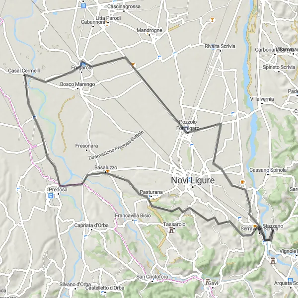 Kartminiatyr av "Utforsk Piemonte: Stazzano Road Cycling Loop" sykkelinspirasjon i Piemonte, Italy. Generert av Tarmacs.app sykkelrutoplanlegger