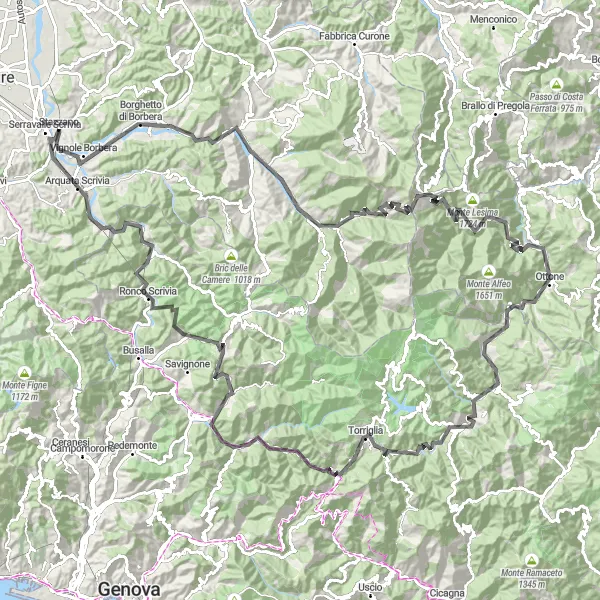 Karttaminiaatyyri "Haastava vuoristoreitti ja upeat näkymät" pyöräilyinspiraatiosta alueella Piemonte, Italy. Luotu Tarmacs.app pyöräilyreittisuunnittelijalla