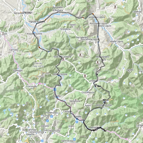 Map miniature of "Borghetto di Borbera - Arquata Scrivia" cycling inspiration in Piemonte, Italy. Generated by Tarmacs.app cycling route planner