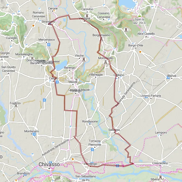 Mapa miniatúra "Expedícia po prašnej ceste v okolí Strambina" cyklistická inšpirácia v Piemonte, Italy. Vygenerované cyklistickým plánovačom trás Tarmacs.app