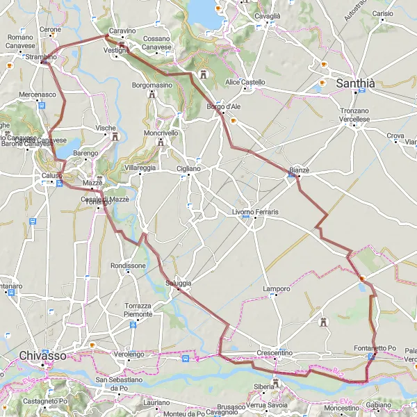 Miniaturní mapa "Gravel Okolo Strambino" inspirace pro cyklisty v oblasti Piemonte, Italy. Vytvořeno pomocí plánovače tras Tarmacs.app