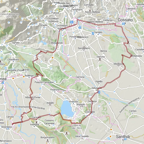 Miniatua del mapa de inspiración ciclista "Ruta de gravilla a través de Albiano d'Ivrea y Salussola" en Piemonte, Italy. Generado por Tarmacs.app planificador de rutas ciclistas