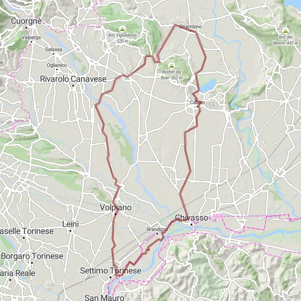 Mapa miniatúra "Dobrodružstvo v prachových cestách okolo Strambina" cyklistická inšpirácia v Piemonte, Italy. Vygenerované cyklistickým plánovačom trás Tarmacs.app