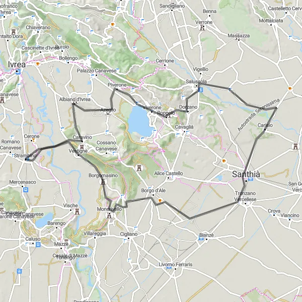 Kartminiatyr av "Utsikt över Ivrea's moränamfiteater" cykelinspiration i Piemonte, Italy. Genererad av Tarmacs.app cykelruttplanerare