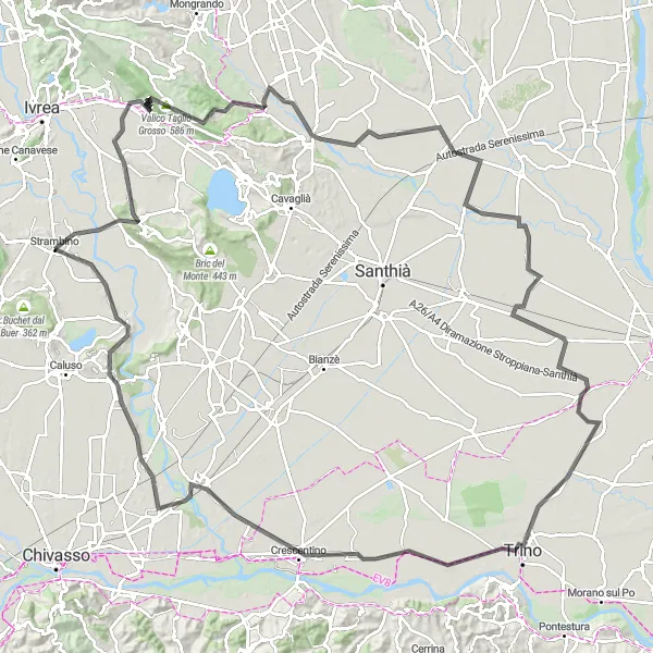 Miniatuurkaart van de fietsinspiratie "Wegroute van Strambino naar Rondissone" in Piemonte, Italy. Gemaakt door de Tarmacs.app fietsrouteplanner