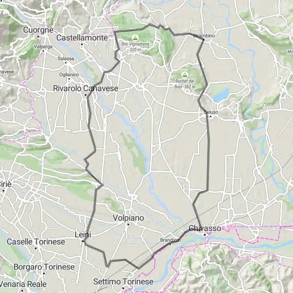 Miniaturní mapa "Okruh do kopcovitého terénu kolem Strambina" inspirace pro cyklisty v oblasti Piemonte, Italy. Vytvořeno pomocí plánovače tras Tarmacs.app