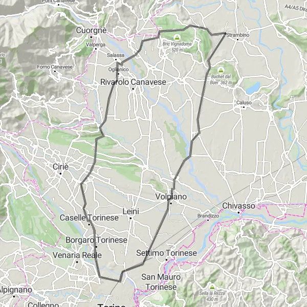 Zemljevid v pomanjšavi "Kolesarska pot skozi Passo di Santa Croce in Monte Riolo" kolesarske inspiracije v Piemonte, Italy. Generirano z načrtovalcem kolesarskih poti Tarmacs.app