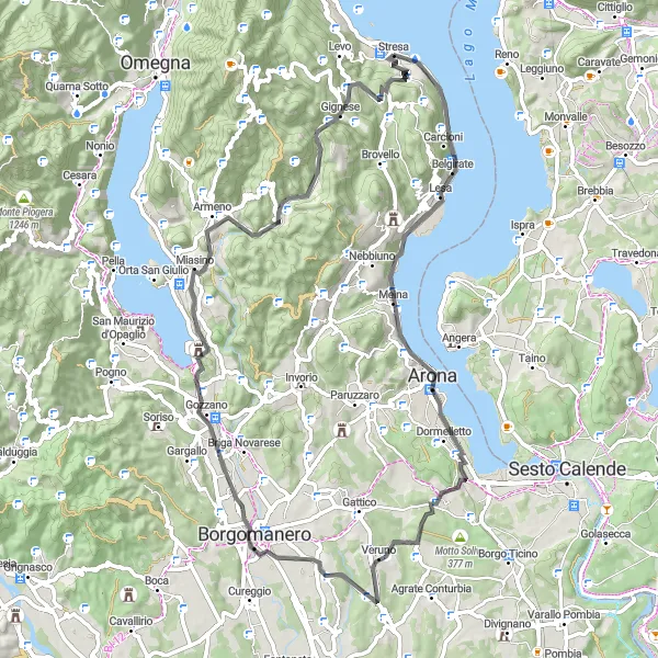 Miniatura della mappa di ispirazione al ciclismo "Giro intorno al Lago Maggiore" nella regione di Piemonte, Italy. Generata da Tarmacs.app, pianificatore di rotte ciclistiche