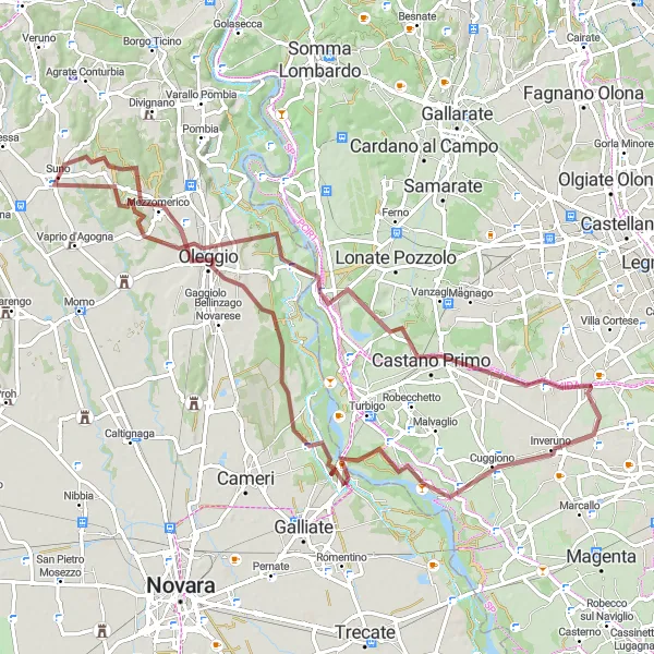 Mapa miniatúra "Gravel cyklotúra cez Ponte di Oleggio a Cuggiono" cyklistická inšpirácia v Piemonte, Italy. Vygenerované cyklistickým plánovačom trás Tarmacs.app
