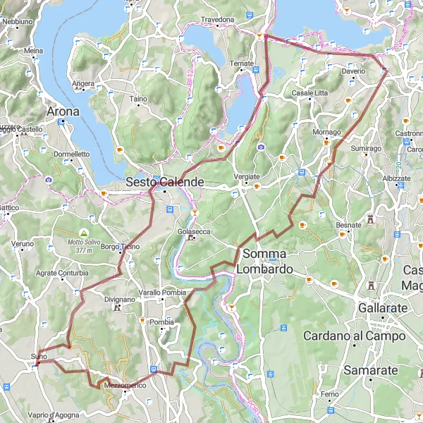 Map miniature of "Lakes and Mountains Gravel Ride" cycling inspiration in Piemonte, Italy. Generated by Tarmacs.app cycling route planner