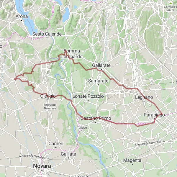 Map miniature of "Gravel Adventure through Piemonte" cycling inspiration in Piemonte, Italy. Generated by Tarmacs.app cycling route planner