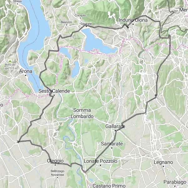 Miniature de la carte de l'inspiration cycliste "Route des Collines Lombardes" dans la Piemonte, Italy. Générée par le planificateur d'itinéraire cycliste Tarmacs.app