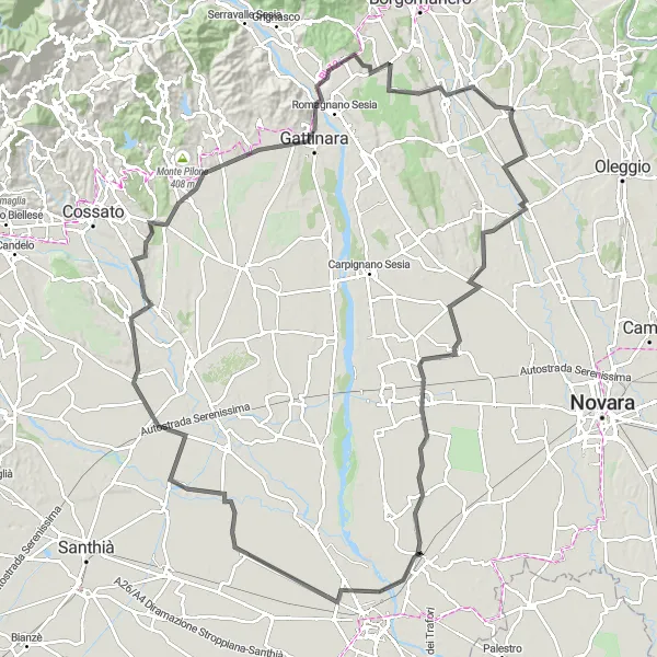 Mapa miniatúra "Cestná trasa cez Casaleggio Novara a Fontaneto d'Agogna" cyklistická inšpirácia v Piemonte, Italy. Vygenerované cyklistickým plánovačom trás Tarmacs.app