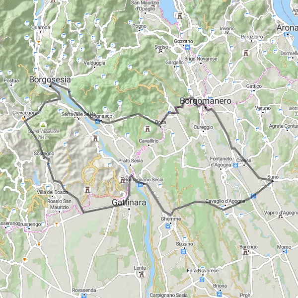 Miniatuurkaart van de fietsinspiratie "De heuvels van Suno en Cressa route" in Piemonte, Italy. Gemaakt door de Tarmacs.app fietsrouteplanner