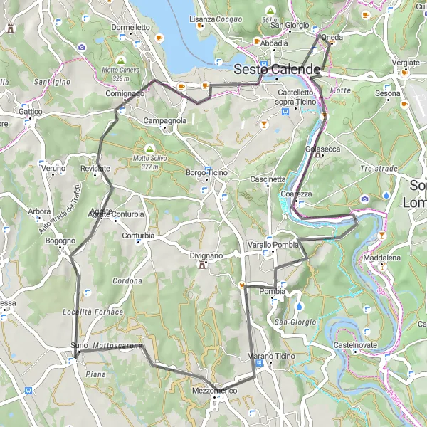 Miniatua del mapa de inspiración ciclista "Ruta de ciclismo de carretera desde Suno a Mottoscarone" en Piemonte, Italy. Generado por Tarmacs.app planificador de rutas ciclistas