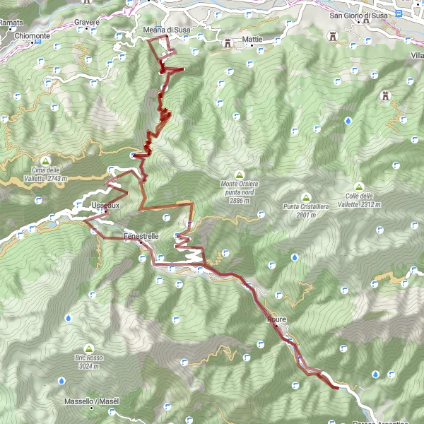 Kartminiatyr av "Utmanande grusväg till Roure" cykelinspiration i Piemonte, Italy. Genererad av Tarmacs.app cykelruttplanerare