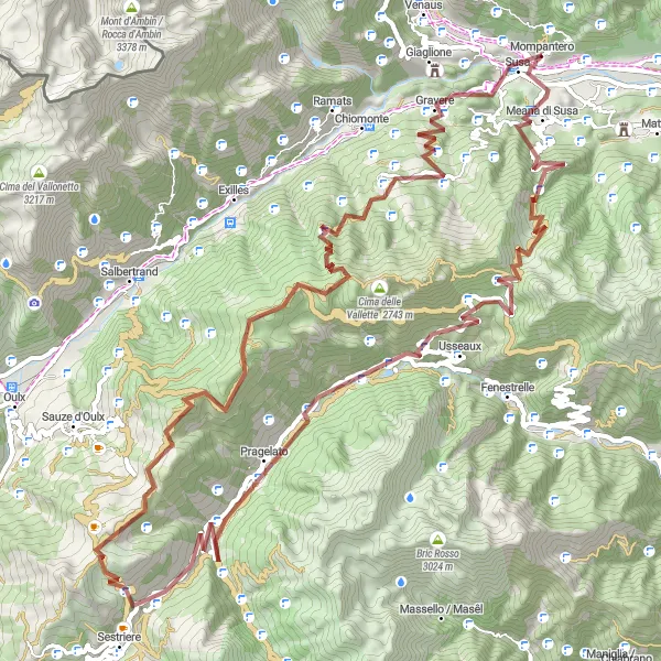 Miniatua del mapa de inspiración ciclista "Ruta por caminos de grava alrededor de Susa" en Piemonte, Italy. Generado por Tarmacs.app planificador de rutas ciclistas