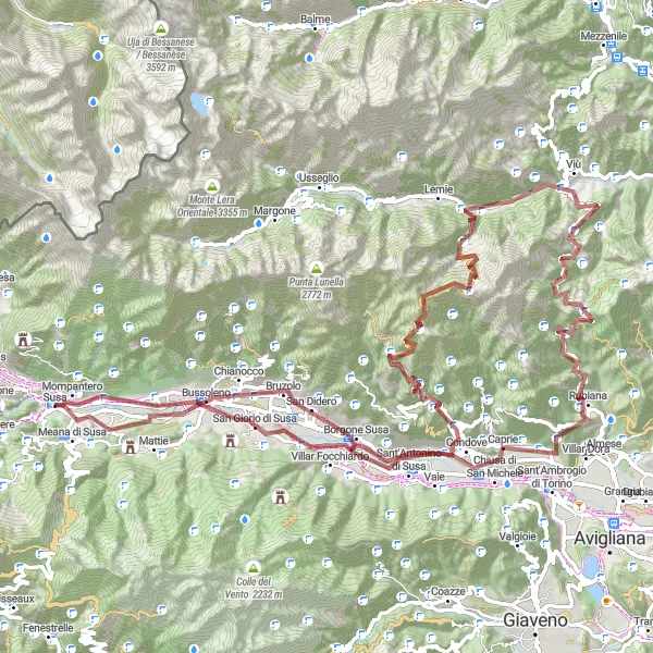 Kartminiatyr av "Upptäckande av Susa-grusvägar" cykelinspiration i Piemonte, Italy. Genererad av Tarmacs.app cykelruttplanerare