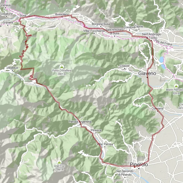 Zemljevid v pomanjšavi "Potepanje po Gravel Poteh okoli Susa" kolesarske inspiracije v Piemonte, Italy. Generirano z načrtovalcem kolesarskih poti Tarmacs.app