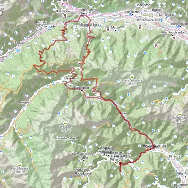 Zemljevid v pomanjšavi "Gravel Avantura okoli Susa" kolesarske inspiracije v Piemonte, Italy. Generirano z načrtovalcem kolesarskih poti Tarmacs.app