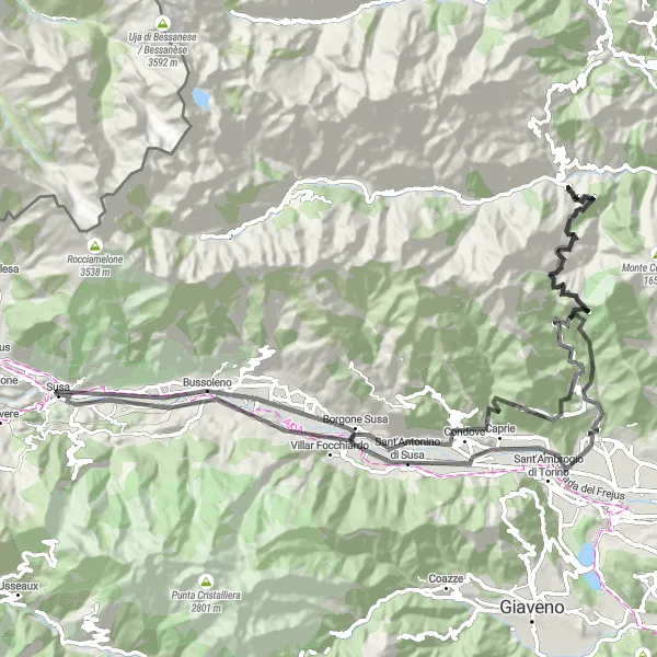 Zemljevid v pomanjšavi "Susa - Monte Arpone Road Cycling" kolesarske inspiracije v Piemonte, Italy. Generirano z načrtovalcem kolesarskih poti Tarmacs.app